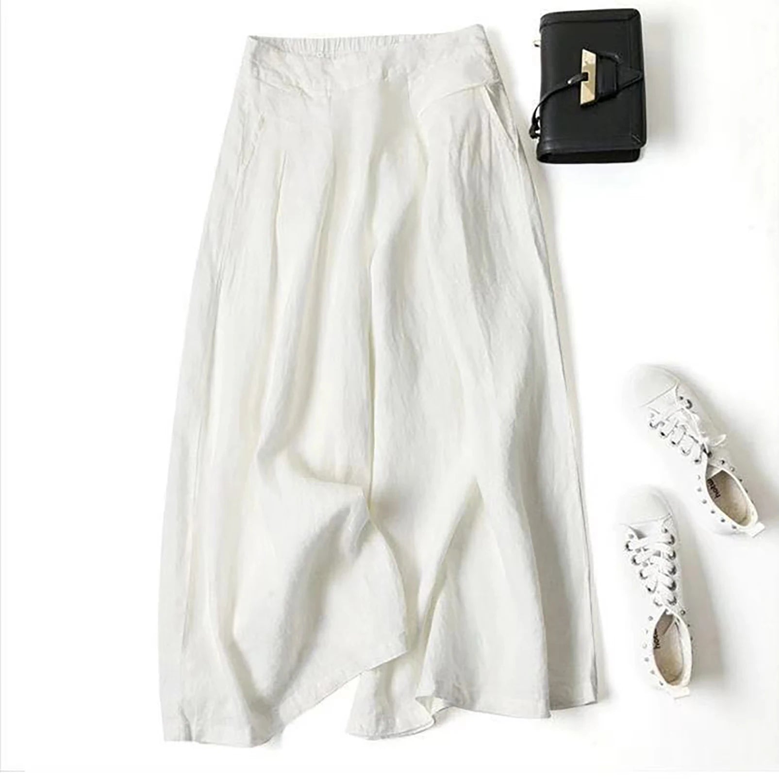 2026 Summer Women's Culottes Cotton Linen Cropped Wide Leg Pants Elastic Waist Casual Palazzo Trousers with Pockets pants