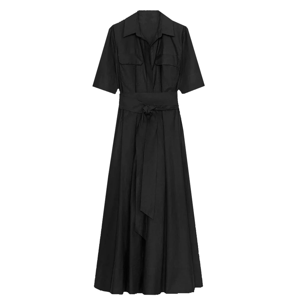Chic Solid Short Sleeve Lapel Long Dress For Women Elegant Single Breasted Waist Maxi Dress Lady Holiday Evening Party Vestidos